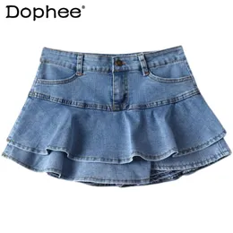 Two Piece Dress Fashion Low Waist Ruffled Pleated Denim Skirt Women's 2023 Spring Autumn Black White Stretch Jean Mini Female High Street 230630