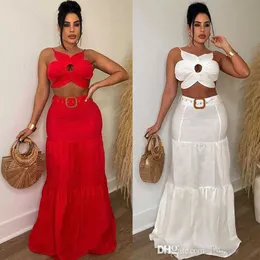 2023 Sexy Party Two Piece Dress Set Women Vintage Street Summer Sets Strap Floral Crop Top And Big Swing Maxi Long Skirt Plus Size S-3XL Suit Outits