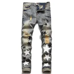 Europeiska och amerikanska mäns designer Jeans Hip-Hop High Street Fashion Brand Cycling Motorcykelbroderier Nära passande smal penna