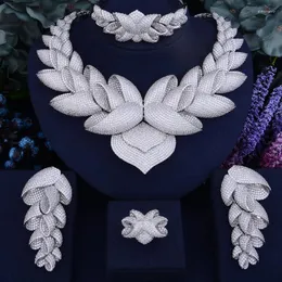 Necklace Earrings Set & KellyBola Luxury Lotus Zircon Africa India Bracelet Ring 4PCS Dubai Nigeria Ladies Bridal Wedding Stre22