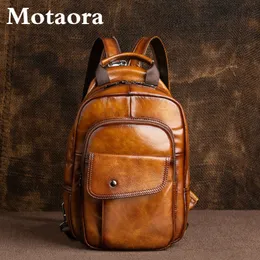 学校のバッグMotaora Mens Retro Mini Backpack男性用のヴィンテージハンドメイドの男性胸230629のための本革の多機能バックパック