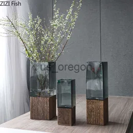 Vasos Vasos de vidro hidropônico quadrado Base de madeira Vasos de flores Decoração de mesa Flor artificial Arranjo floral decorativo Vasos verdes x0630