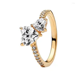 Cluster Rings Shine Gold Signature Double Hearts Stack Finger For Women Wedding Bands Jewelry Clear Cubic Zircon Stone Gift Dia das Mães