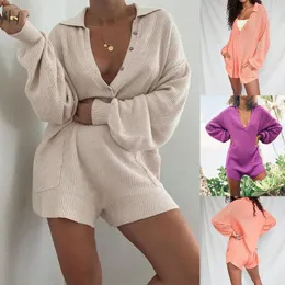 Kvinnors shorts onepiece Autumn Jumpsuit Sexig lågklippt lapelknapp Solid färgficka Kvinnors ett stycke Tröja