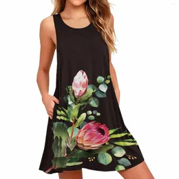 Casual Dresses Women Summer 2023 Lady Boho ärmlös Floral Printd Tank Dress Löst fit Bohemian Beach sundress med fickor