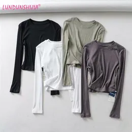 T-shirt da donna LUNDUNSHIJIA 2023 Primavera Estate Sexy Donna O-Collo T-shirt a maniche lunghe Sottile Cotone elasticizzato Crop Top