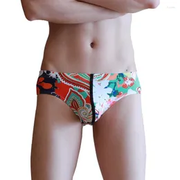 Mutande AIIOU Men Bikini Underwear Slip Stampa Fashion U Convex Pouch Nylon a vita bassa Seta di ghiaccio Comodo Divertente