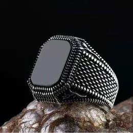 Cluster Rings Vintage Handmade Square Onyx Stone Silver Plated Ring Men and Women Turkish Signet Jewelry Factory Wholesale 230630