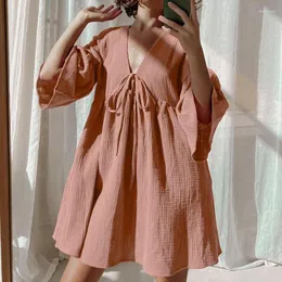 Women's Sleepwear Fashion 2023 Deep V Neck Dress Casual Loose Three Quarter Lantern Sleeve Nightgown Linen Cotton Pajamas Robe