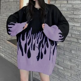 Женские свитера Deeptown Gothic Streetwear Фиолетовый вязаный свитер с огненным принтом Женщины Харадзюку Хиппи Винтаж О-образный вырез Оверсайз Джемпер с длинным рукавом 230630