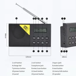 Radio Portable DAB Radio Mini FM -mottagare 3,5 mm Stereo Bluetooth -sändare med bakgrundsbelysning Support Auto Search Alarm Clock