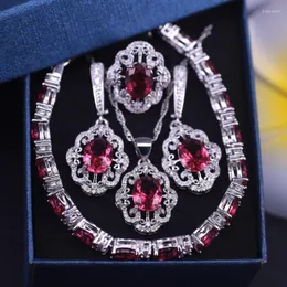 Collana Orecchini Set Romantico Stile Turco Rosa Rosso Cristallo CZ Gioielli Color Argento Per Anello Bracciale Donna