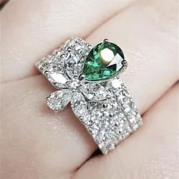 Vintage vert cubique zircone anneau tempérament doux fleur bagues pour les femmes fête anniversaire cadeau magnifique bijoux