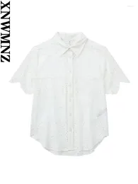 Kvinnors träningsdräkter XNWMNZ Fashion 2023 White Cutwork Brodery Shirt eller Elastic DrawString High midjeshorts Kvinnlig tvåstycksuppsättning