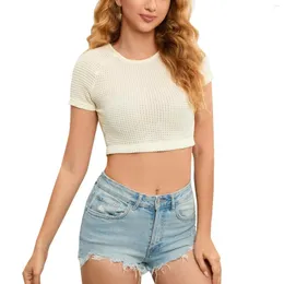Kvinnors T -skjortor Mesh Knitwear Croped Top Solid White Short Sleeve Lady Temperament Tunics Slim Harajuku Streetwear Camiseta Femenina