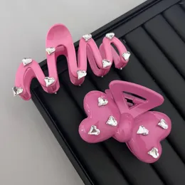 Hair Clips Harajuku Pink Sweet Bowknot Wave Irregular Claw Rhinestones Heart Clip For Women Accessories Y2K Hairpin Gift