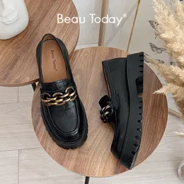 أحذية رسمية BeauToday أحذية بدون كعب مكتنزة للنساء من جلد البقر الأصلي أحذية ذات نعل سميك بمقدمة مستديرة وسلسلة معدنية سهلة الارتداء مصنوعة يدويًا للسيدات 27748 230630