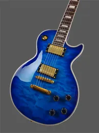Anpassad elektrisk gitarr, blå stor gradientblomma, mahognykropp, lönnrock, guldtillbehör, förpackning