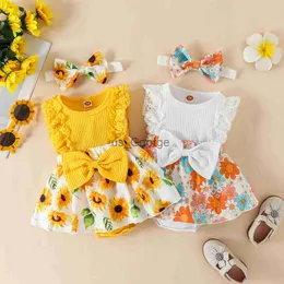 FOCUSNORM 018M Bebek Bebek Kız Tatlı Romper Elbise 2 adet Çiçek Baskı Dantel Kolsuz Ön Ilmek Tulumlar Kafa Bandı J230630