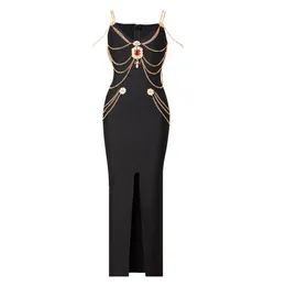 Urban Sexy Dresses Beading Bandages Dress Women Chain Spaghetti Strap Clothes Club Party Long 230630