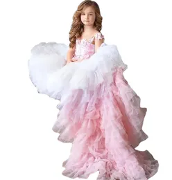 Rosa Hi-Lo-Blumenmädchenkleider, ärmellos, applizierte Spitze, Perlen, abgestuftes Tüll-Festzug-Kleid für Mädchen, Rüschen, für Mädchen und Kinder, formelle Kleidung, maßgeschneidert