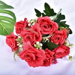 Flores decorativas decoração de casa rosa falsa casamento flor artificial centro de mesa realista festa de aniversário pano de seda presente romântico 10
