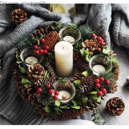 Candle Holders Christmas Candle Holders Pine Cone Berries Woodland Rustic Xmas Decor Table Centerpiece Christmas Wreath with Four CandleHolder SH190924 Z230630