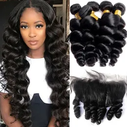 Brazilian Loose Deep Wave Bundles With Frontal Raw Virgin 100% Human Hair Weave 3 Bundles With Swiss Lace Frontal 13X4 Loose