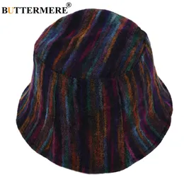 BUTTERMERE Woolen Bucket Hat Women Vintage Autumn Winter Hats for Women Striped Fishing Hats