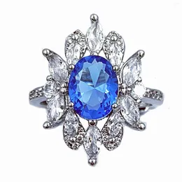 Cluster Rings Classic Marquise Shaped CZ Accent Blue Oval Stone Justerbar blommaengagemang Party Home Teacher Garden Gifts Accessory