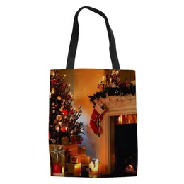 Avondtassen Kerst Sok Cadeau Patroon Print Canvas Tas Vrouwen Winkelen Handtassen Mode Draagbaar Voor Meisjes Custom