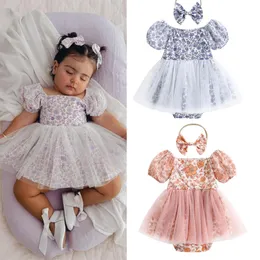 Rompers FOCUSNORM Princess Baby Girls Rompers Dress 2pcs Цветочный принт с открытыми плечами с короткими пышными рукавами Кружева Лоскутный комбинезон 230630