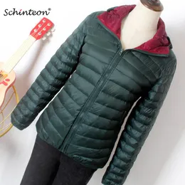 청바지 2021 Schinteon S7XL Light Ultra Down Jacket Double Sideed With Hood Down Coat Casual Spring Autumn Outwear New Women