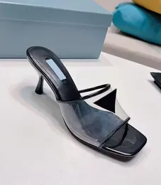 Transparent öppen toed äkta läderkvinnor Middle Heel tofflor Fashion Transparent glidande sandaler 6.5 cm Runway Party Flat Toe Beach Shoes With Box 35-42