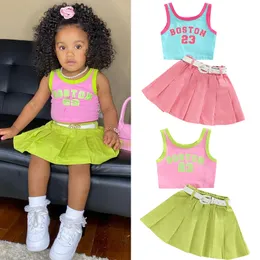 Clothing Sets FOCUSNORM 1 6Y Fashion Little Girls Kids Clothes 2pcs Letter Patchwork Sleeveless Causal Vest Solid Pleated Skirts Belt 230630