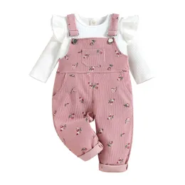 Clothing Sets 2 Pieces Kids Suit Set Solid Color O Neck Long Sleeve Tops Floral Print Suspender Trousers for Girls 6 Months 4 Years 230630