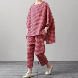 Pantalones de dos piezas para mujer, conjuntos de lino y algodón, camisetas a cuadros Vintage de manga corta y trajes de mujer de moda coreana informales de gran tamaño