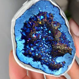 Dekorativa figurer 1pc Natural Agate Geode Crystal Hole Aura Color Mineral Prov kluster Elektroplätering av titanbeläggning