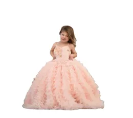 Abiti da ragazza di fiore principessa rosa per matrimoni Abiti da cerimonia per bambini Abiti da spettacolo in tulle con applicazioni floreali 3D