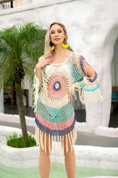 Cover-ups H80 S90 Fringe Crochet Beach Cover Up Women Sexy Summer Swimwear Bathing Suit Tassel Tank Top Pullover Pareo Handmade Dress 230629