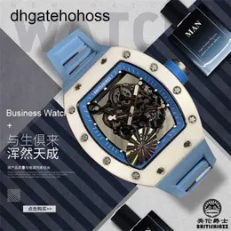 Milles Watch Richars Mile Large Dial Barrel Square 중공 완전히 투명한 기계식 Richar Series Mens RM Sky Blue Waterproof OR0i AII9