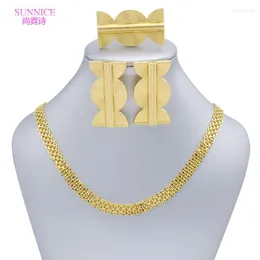 Necklace Earrings Set 18K Gold Color Women Bride Jewelry Dubai Open Ring Earring Sets For Golden Wedding Party Jewellery