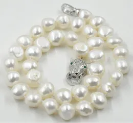 Kedjor smycken vackra 9-10 mm sydsjön vit barock pärlhalsband 18 "leopard lås
