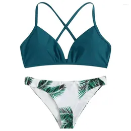 Women's Swimwear 2023 Sexy Swimsuit Leaf Print Padded Bathing Suits Adjustable Straps Push Up Bikini Set Low Waist Beach Wear