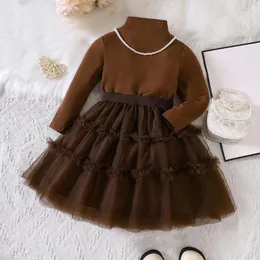 Vestidos para niñas 2023, Vestido para niñas, camiseta de manga larga con cuello alto, faldas marrones con volantes, Vestido de princesa de diseñador bonito 18M-7T