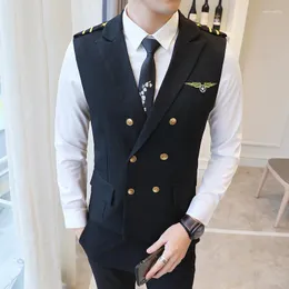 Men's Vests Dress For Men Epaulet Air Less Vest Double Breasted Work Uniform Waistcoat Suits Casual Slim Fit Gilet Homme 5XL