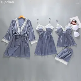 Damska odzież sutowa Kupokasi 4pcs piżama zestaw satynowy samica z klatkami na klatce piersiowej sprężyna wiosenna jesienna odzież domowa szatą szatą piżamą