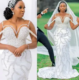 2023 OKT ARABIC ASO EBI Plus Size Mermaid White Wedding Dress Crystals Pearls Lyxiga brudklänningar klänningar ZJ54