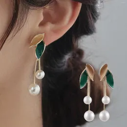 Dangle Earrings Korean Trending Fresh Lovely Sweet Double Leaf Faux Pearl Stud For Women Charm Tassel Earring Elegant Jewelry Gifts