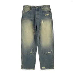 Mäns jeans renfit frayed hål tvättade breda ben baggy för män rippade nödställda pantalones hombre casual denim byxor överdimensionerade